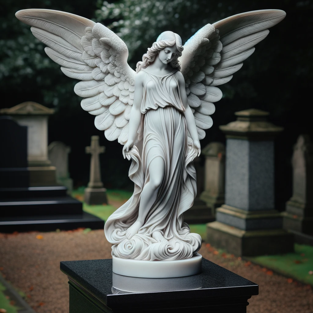 An elegant and detailed statue of an angel, carved from pure white marble, stands majestically atop a black granite pedestal..png